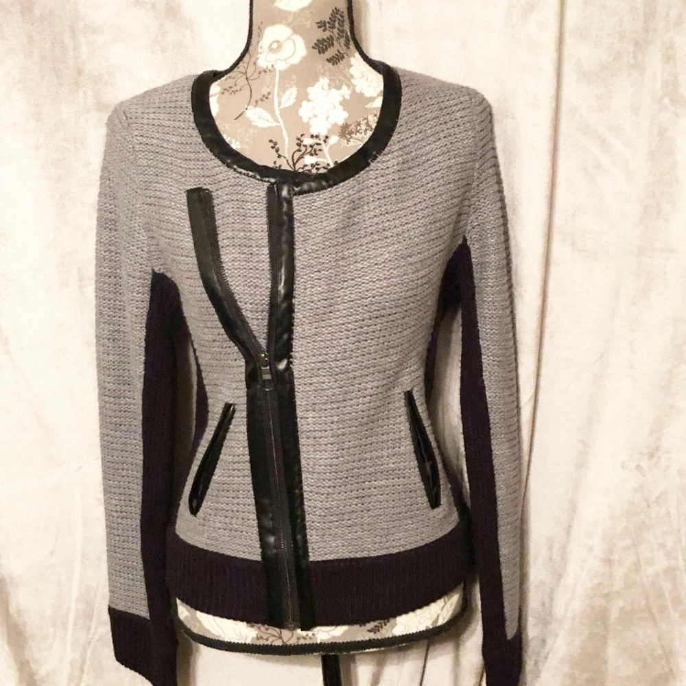 Leather trim grey cardigan